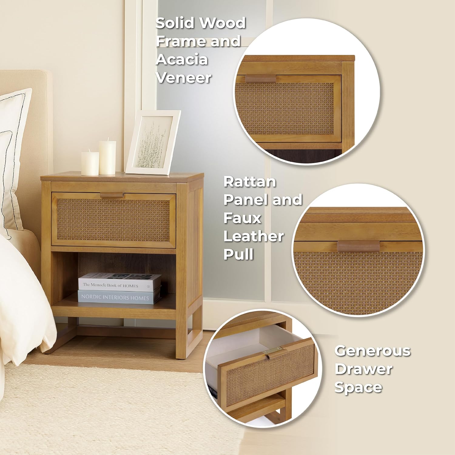Teamson Home Hatteras 20" W Nightstand with 1 Deep Drawer and Open Shelf Storage in Coastal Modern Style, Ball Bearing Glides, Pine Wood Frames and MDF with Rattan, Natural Finish