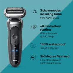 Braun Electric Shaver for Men, Series 7 7127cs, Wet & Dry Shave, Turbo & Gentle Shaving Modes, Waterproof Foil Shaver, Engineered in Germany, with Beard Trimmer, Charging Stand, Space Grey