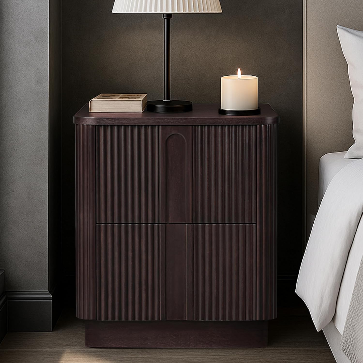 Teamson Home Potomac 20'' W Modern Storage 2-Drawer Push to Open Nightstand with Solid Wood Frame, Bedside Table Bedroom Furniture with Reeding Pattern in Scandinavian Style, Espresso