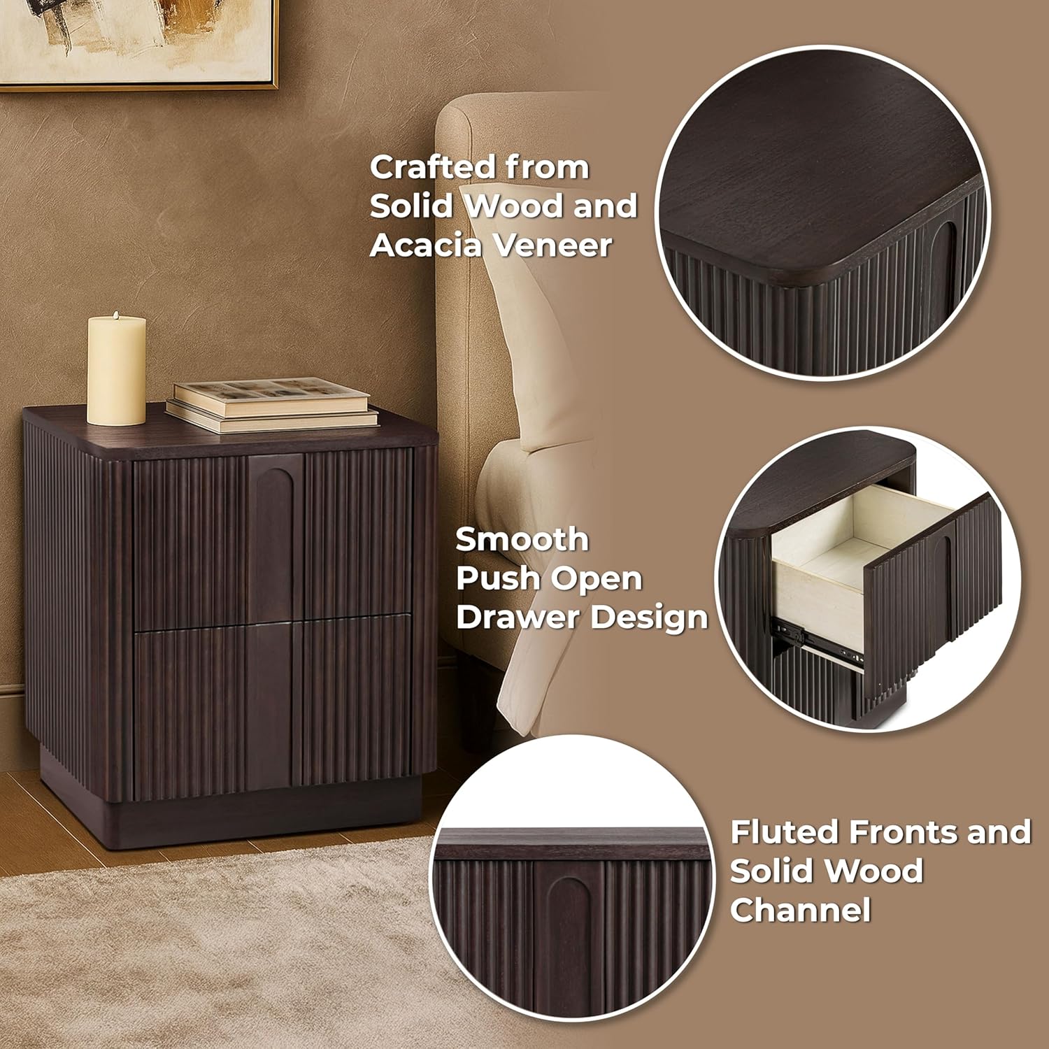 Teamson Home Potomac 20'' W Modern Storage 2-Drawer Push to Open Nightstand with Solid Wood Frame, Bedside Table Bedroom Furniture with Reeding Pattern in Scandinavian Style, Espresso