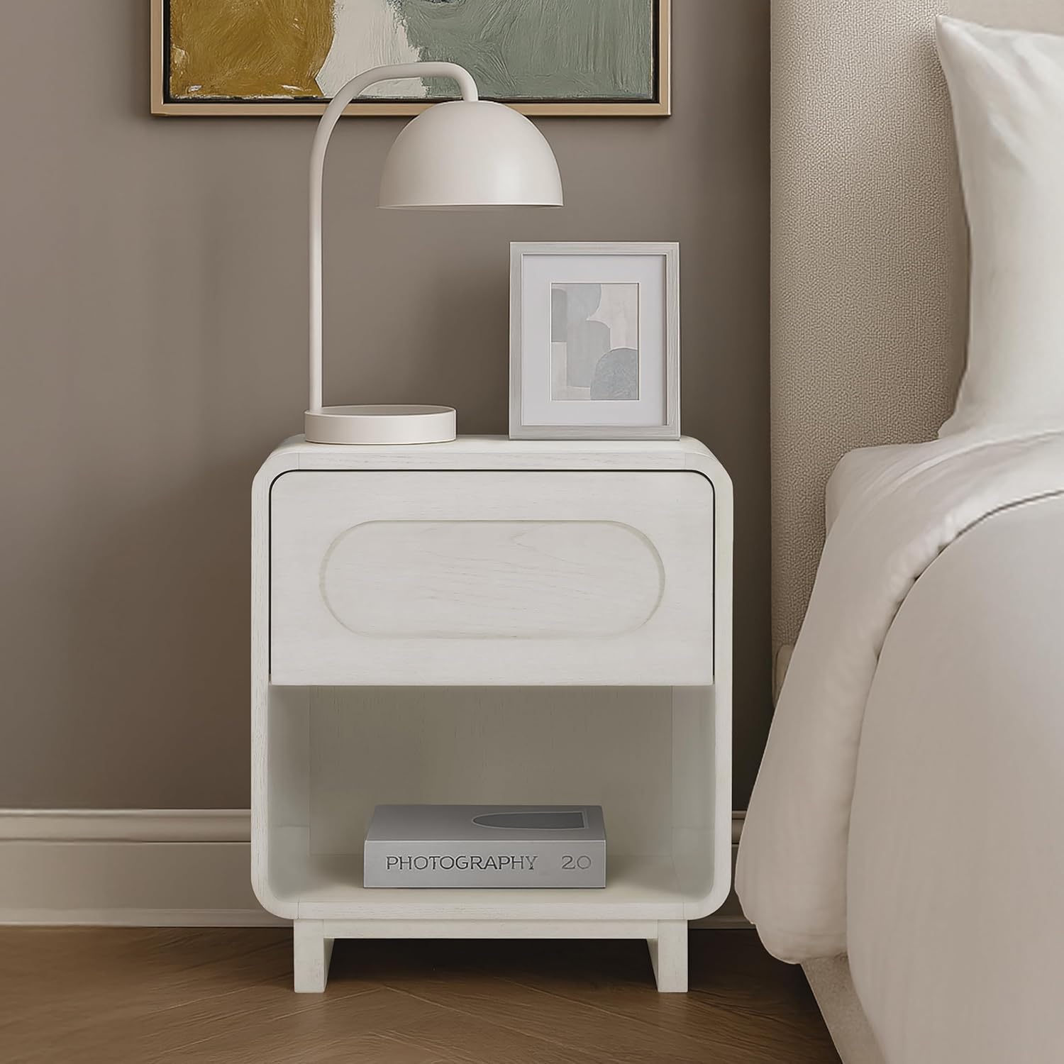 Teamson Home Tenley 20" Wide Nightstand with 1-Drawer and Open Shelf, Modern Bedside Table for Bedroom or Guest Room, Mid Century Design and Rounded Corners, White