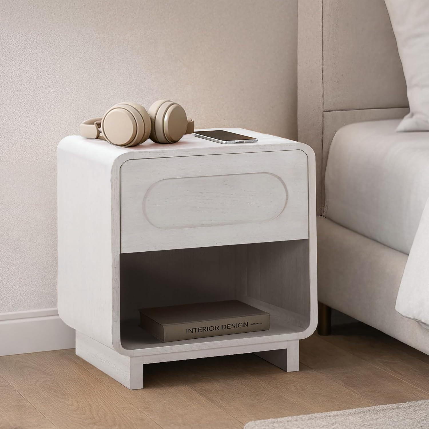 Teamson Home Tenley 20" Wide Nightstand with 1-Drawer and Open Shelf, Modern Bedside Table for Bedroom or Guest Room, Mid Century Design and Rounded Corners, White