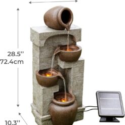 Teamson Home 28 in. Cascading Bowls and Stacked Stones LED Outdoor Water Fountain for Outdoor Living Spaces to Create a Calming Oasis in Gardens and Landscaping, on Patios, Balconies, Lawns, Brown