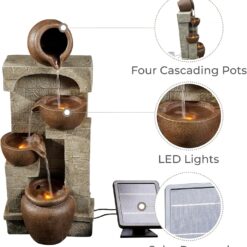 Teamson Home 28 in. Cascading Bowls and Stacked Stones LED Outdoor Water Fountain for Outdoor Living Spaces to Create a Calming Oasis in Gardens and Landscaping, on Patios, Balconies, Lawns, Brown
