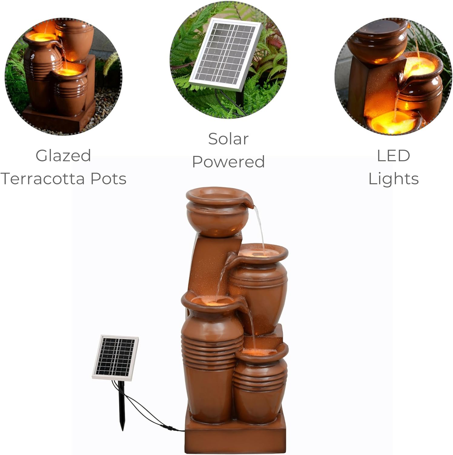 Teamson Home 28.7" 4-Tier Cascading Bowl Solar Powered Water Fountain for Outdoor Living Spaces, Terracotta