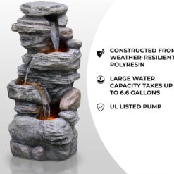 Teamson Home 39.37 in. Outdoor Faux Stacked Stone 4-Tier Water Fountain with LED Lights and Pump, Gray
