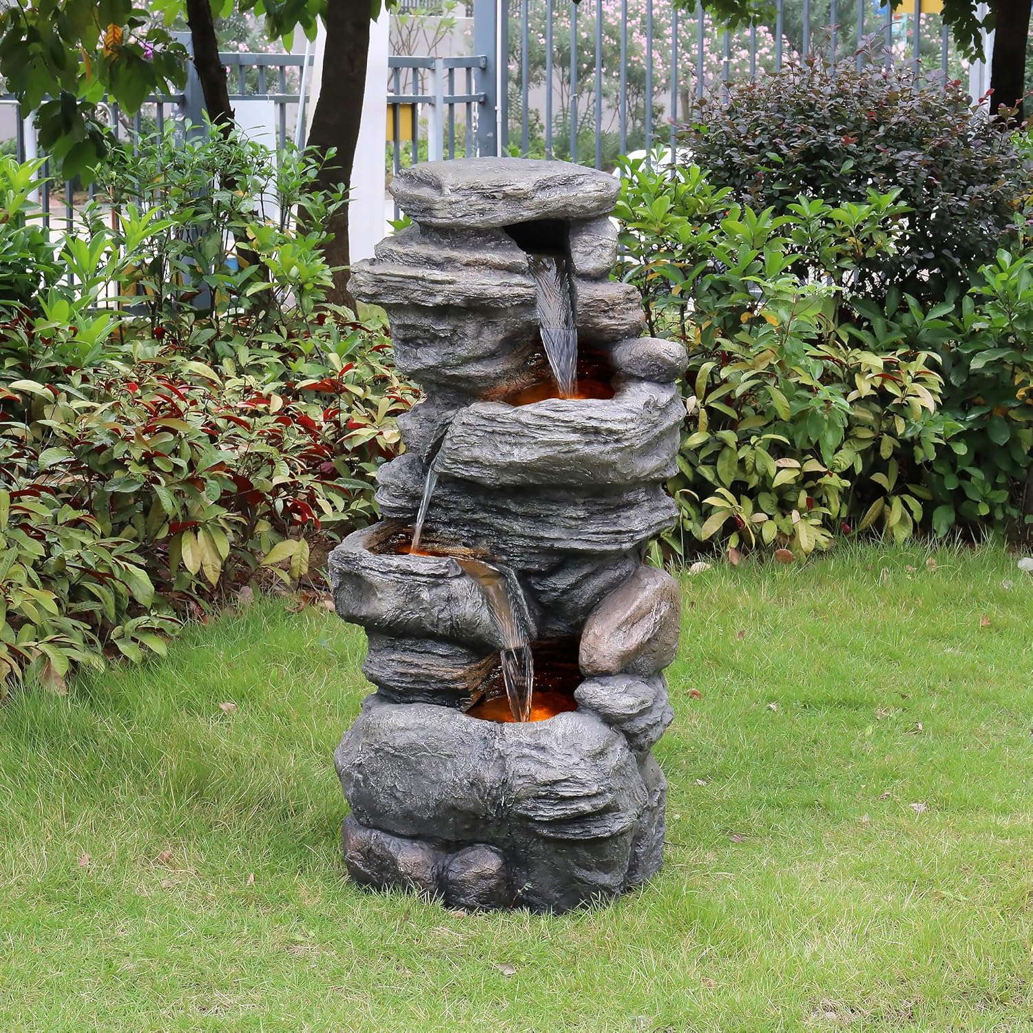 Teamson Home 39.37 in. Outdoor Faux Stacked Stone 4-Tier Water Fountain with LED Lights and Pump, Gray