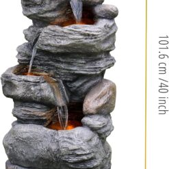 Teamson Home 39.37 in. Outdoor Faux Stacked Stone 4-Tier Water Fountain with LED Lights and Pump, Gray
