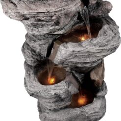 Teamson Home 39.37 in. Outdoor Faux Stacked Stone 4-Tier Water Fountain with LED Lights and Pump, Gray