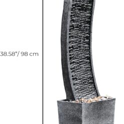 Teamson Home 38.58 in. Modern Curved Faux Slate Waterfall Fountain for Indoors or Outdoors with LED Light Accents and 1.98-Gallon Pump, Black and Stone Gray