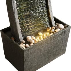 Teamson Home 38.58 in. Modern Curved Faux Slate Waterfall Fountain for Indoors or Outdoors with LED Light Accents and 1.98-Gallon Pump, Black and Stone Gray