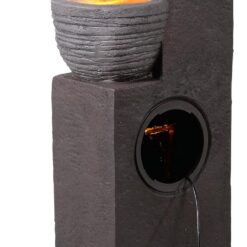 Teamson Home Horizontal Ribbed Pattern Outdoor Water Fountain–Warm Glow Lighting with Adjustable Flow & Electric Pump, Warm Gray