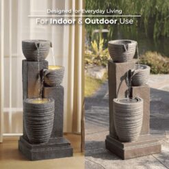 Teamson Home Horizontal Ribbed Pattern Outdoor Water Fountain–Warm Glow Lighting with Adjustable Flow & Electric Pump, Warm Gray