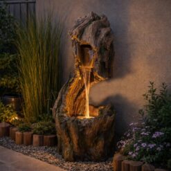 Teamson Home Forest-Inspired Cascade Water Fountain Outdoor Garden–LED Light with Built-in Electric Pump & Simple Setup, Gray