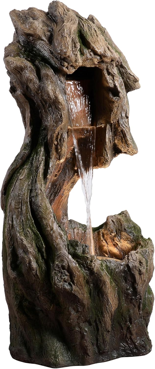 Teamson Home Forest-Inspired Cascade Water Fountain Outdoor Garden–LED Light with Built-in Electric Pump & Simple Setup, Gray