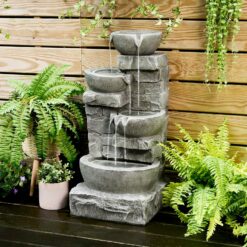 Teamson Home 33.25 in. Cascading Bowls and Stacked Stones LED Outdoor Water Fountain for Gardens, Landscaping, Patios, Balconies, and Lawns for a Calming Oasis in Outdoor Living Spaces, Stone Gray