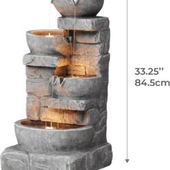 Teamson Home 33.25 in. Cascading Bowls and Stacked Stones LED Outdoor Water Fountain for Gardens, Landscaping, Patios, Balconies, and Lawns for a Calming Oasis in Outdoor Living Spaces, Stone Gray