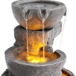 Teamson Home 33.25 in. Cascading Bowls and Stacked Stones LED Outdoor Water Fountain for Gardens, Landscaping, Patios, Balconies, and Lawns for a Calming Oasis in Outdoor Living Spaces, Stone Gray