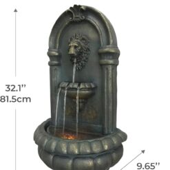 Teamson Home 32.1 in. Wall-Mounted Lion Head Stone LED Outdoor Water Fountain for Gardens, Landscaping, Patios, Balconies, Lawns to Create a Calming Oasis in Outdoor Living Spaces, Antique Bronze