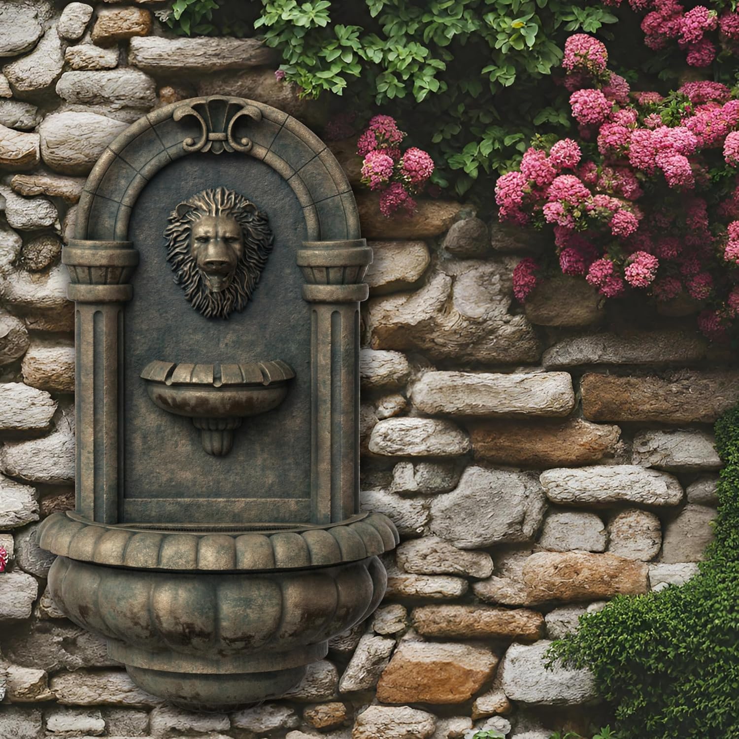 Teamson Home 32.1 in. Wall-Mounted Lion Head Stone LED Outdoor Water Fountain for Gardens, Landscaping, Patios, Balconies, Lawns to Create a Calming Oasis in Outdoor Living Spaces, Antique Bronze