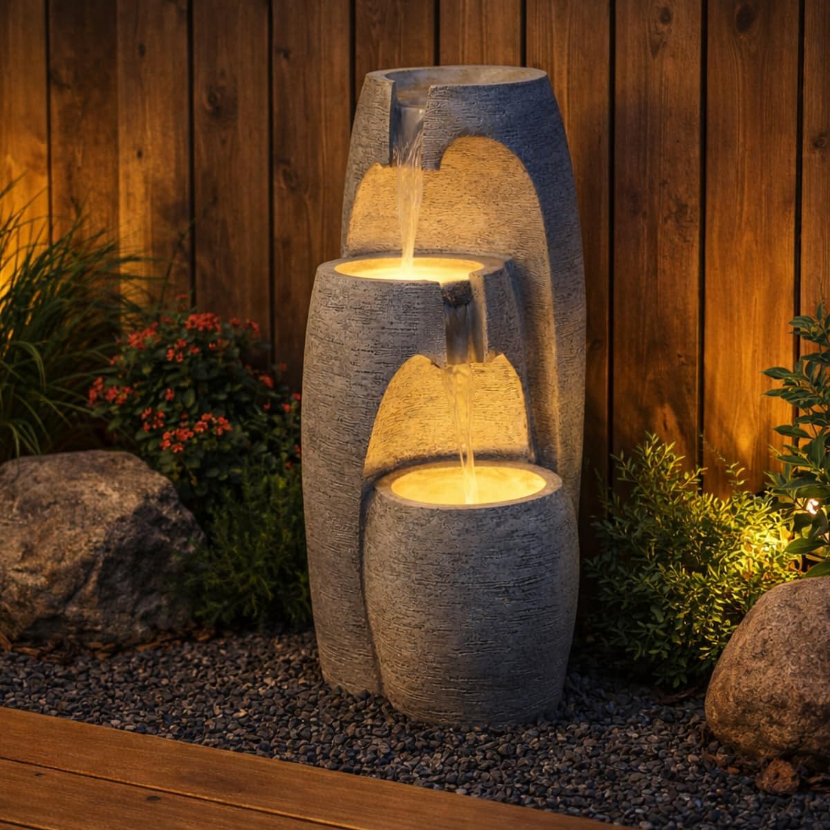 Teamson Home 3-Tier Cascading Urn Outdoor Water Fountain–Warm Glow Lighting with Adjustable Flow & Electric Pump, Gray