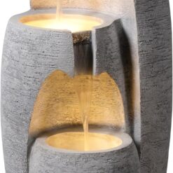 Teamson Home 3-Tier Cascading Urn Outdoor Water Fountain–Warm Glow Lighting with Adjustable Flow & Electric Pump, Gray