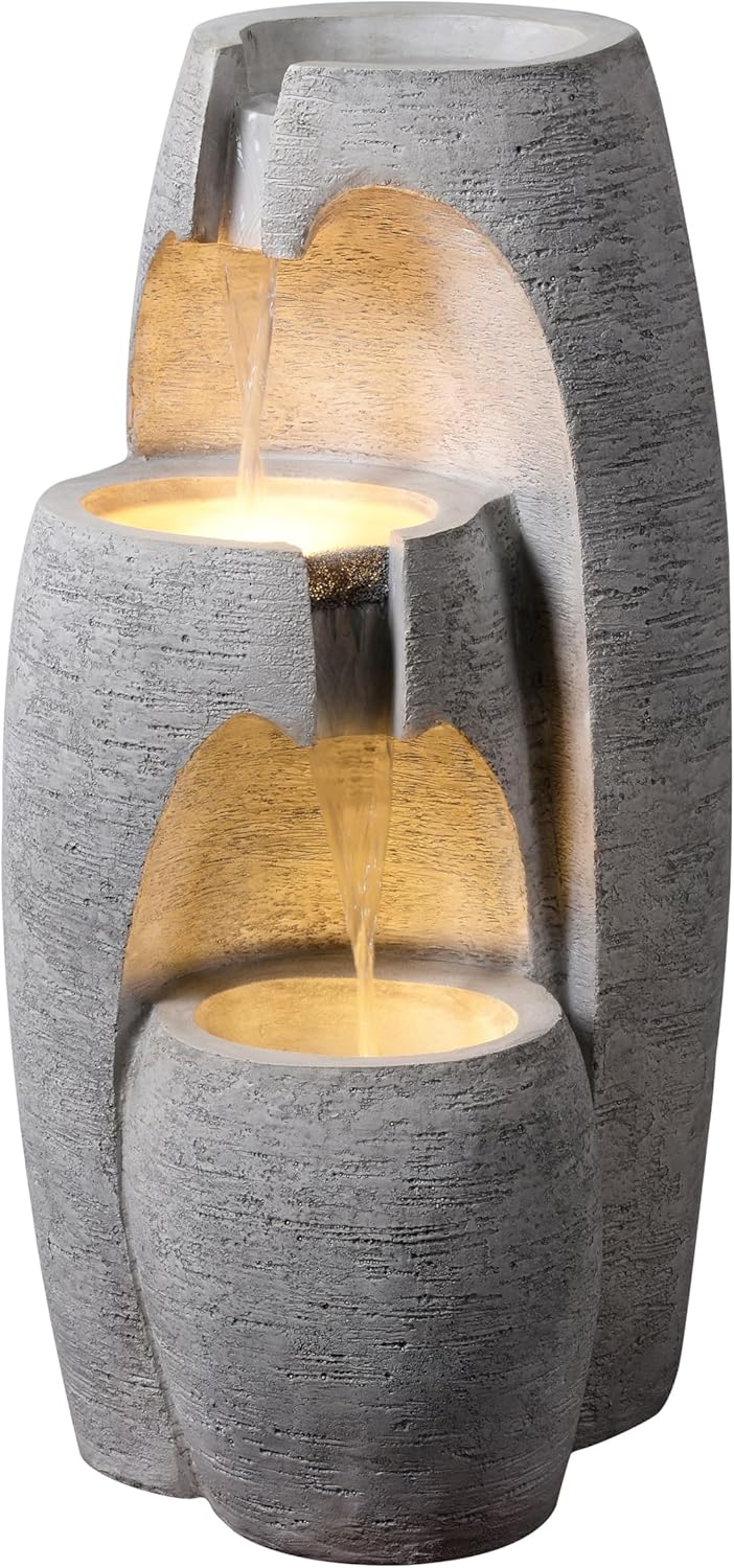 Teamson Home 3-Tier Cascading Urn Outdoor Water Fountain–Warm Glow Lighting with Adjustable Flow & Electric Pump, Gray