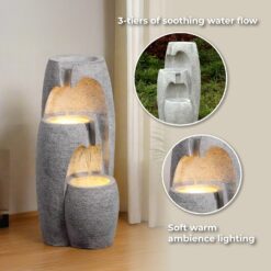 Teamson Home 3-Tier Cascading Urn Outdoor Water Fountain–Warm Glow Lighting with Adjustable Flow & Electric Pump, Gray