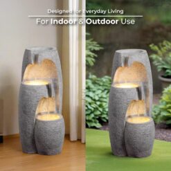 Teamson Home 3-Tier Cascading Urn Outdoor Water Fountain–Warm Glow Lighting with Adjustable Flow & Electric Pump, Gray
