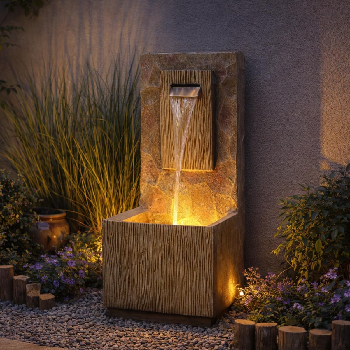 Teamson Home Spa Waterfall Outdoor Water Fountain–LED Light with Adjustable Flow & Electric Pump, Brown