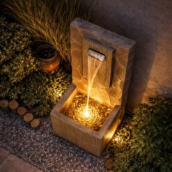 Teamson Home Spa Waterfall Outdoor Water Fountain–LED Light with Adjustable Flow & Electric Pump, Brown