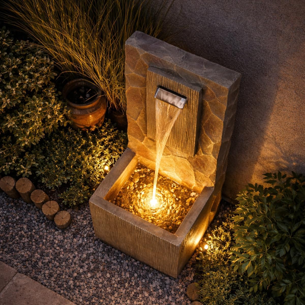 Teamson Home Spa Waterfall Outdoor Water Fountain–LED Light with Adjustable Flow & Electric Pump, Brown