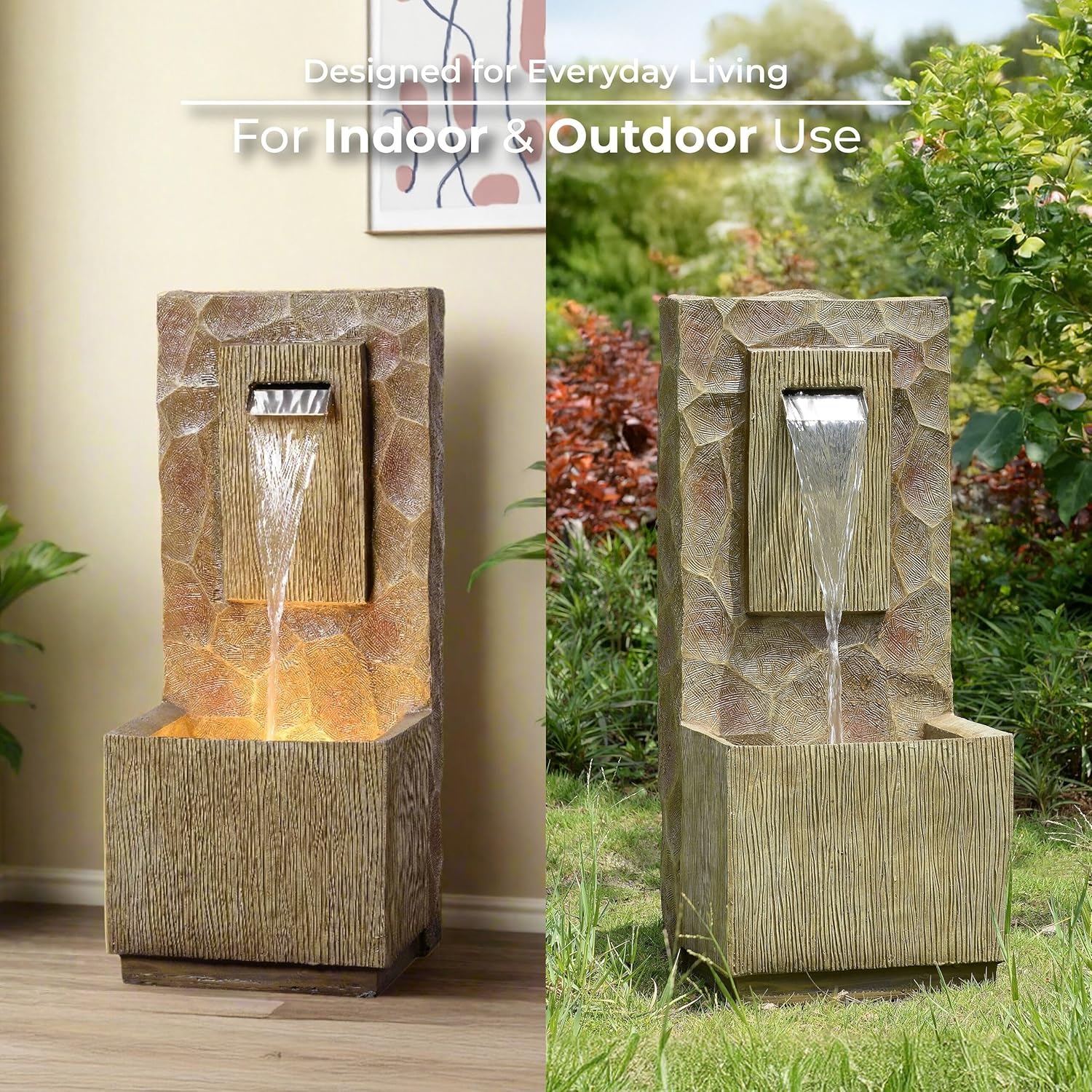 Teamson Home Spa Waterfall Outdoor Water Fountain–LED Light with Adjustable Flow & Electric Pump, Brown