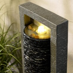Teamson Home Framed Layered Rock Design Outdoor Water Fountain–Warm Glow Lighting with Steady Flow & Electric Pump, Dark Gray
