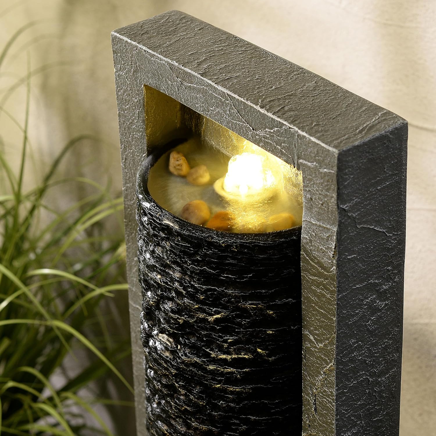 Teamson Home Framed Layered Rock Design Outdoor Water Fountain–Warm Glow Lighting with Steady Flow & Electric Pump, Dark Gray