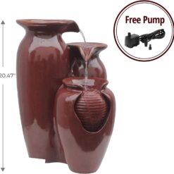 Teamson Home Jar 3 Tiered Floor Waterfall Fountain with Pump for Outdoor Patio Garden Backyard Decking, 20 Inch Height, Brown