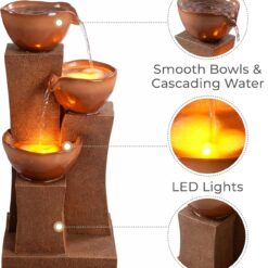 Teamson Home 28.54 in. 3-Tier Cascading Outdoor Water Fountain with LED Lights for Gardens, Landscaping, Patios, Balconies, Lawns, Brown