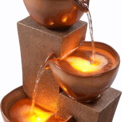 Teamson Home 28.54 in. 3-Tier Cascading Outdoor Water Fountain with LED Lights for Gardens, Landscaping, Patios, Balconies, Lawns, Brown
