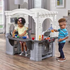 Step2 Grand Walk-in Kitchen & Grill Kids Playset, Indoor/Outdoor Kitchenette, Interactive Play with Lights and Sounds, Durable Plastic, 103 Piece Toy Accessories, Toddlers 2+ Years Old, Gray/White