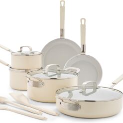 GreenPan x Bobby Flay 13 Piece Nonstick Cookware Pots and Pans Set, PFAS-Free Diamond Ceramic, Induction Suitable, Easy Clean Dishwasher & Oven Safe, Stay-Cool Silicone Handles, Glass Lids, Cream