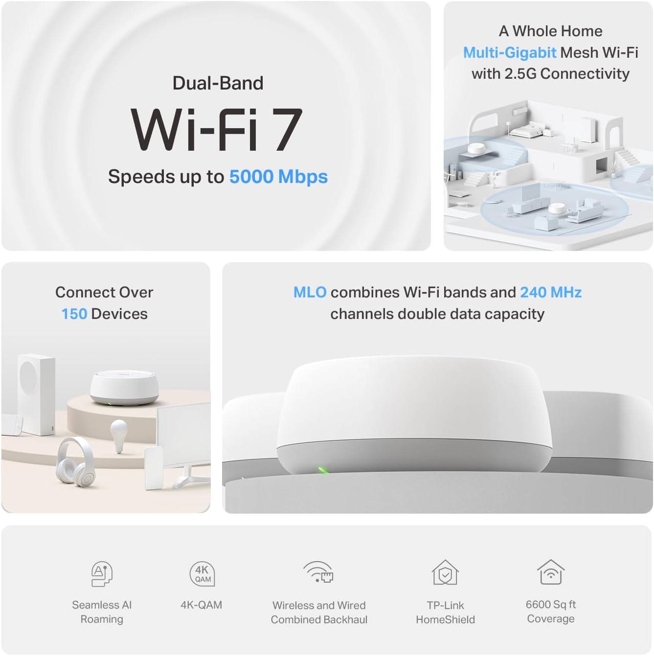 TP-Link Deco 7 BE25 Dual-Band BE5000 WiFi 7 Mesh Wi-Fi System | 4-Stream 5 Gbps, 240 Mhz