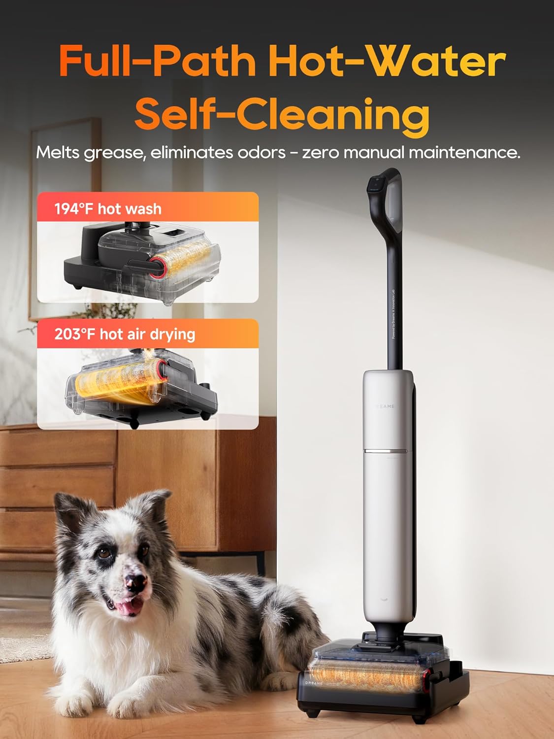 DREAME Aero Pro Wet Dry Vacuum Mop, Ultra-Slim with Hot Self-Cleaning/Self-Drying, 0 Hair Tangle Great