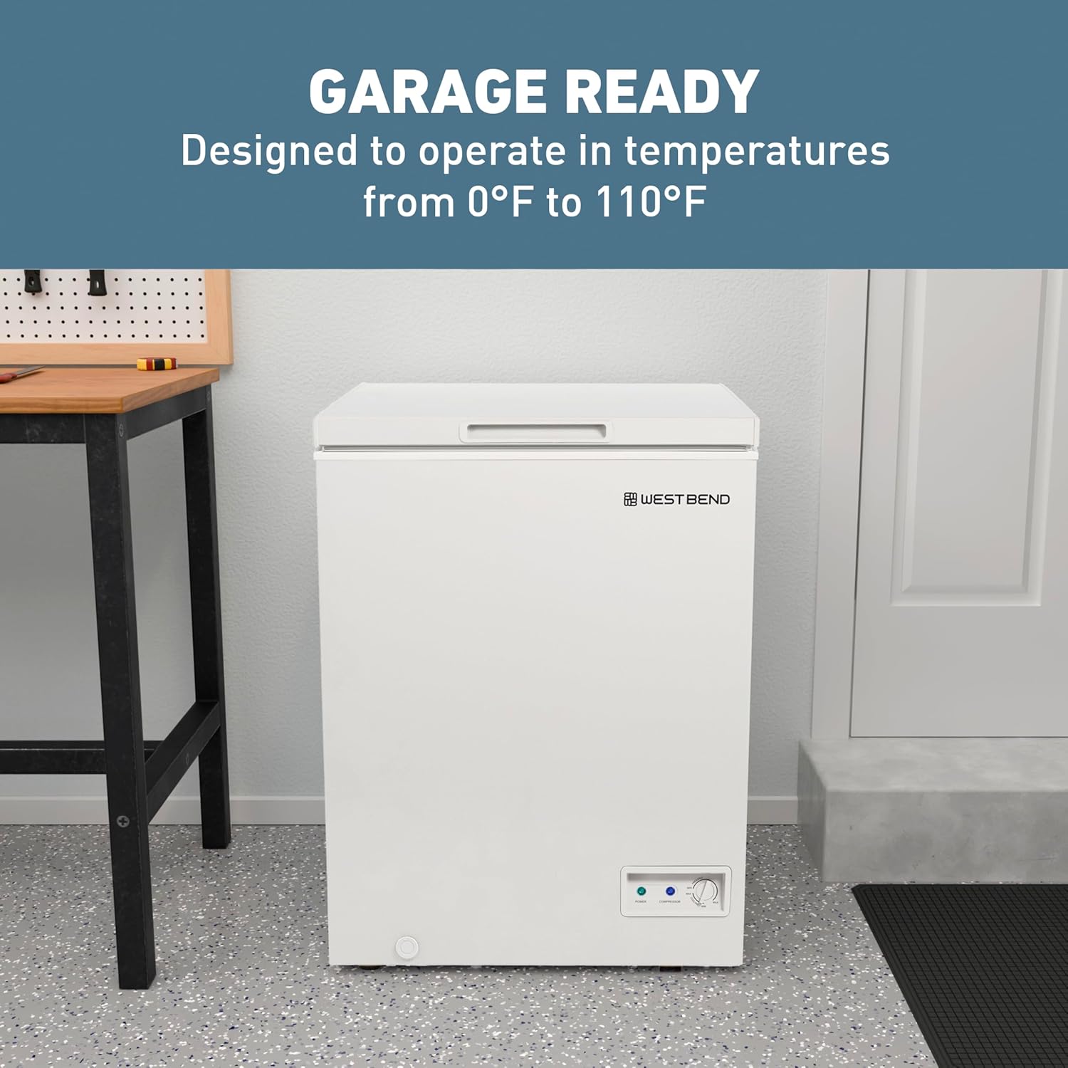 West Bend Chest Freezer with Adjustable Temperature Control, Free-Standing, 5-Cu.Ft, White