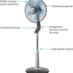 Rowenta Pedestal Fan, 53 Inches, Ultra Quiet Oscillating Fan for Bedroom, Portable, 5 Speeds, Refresh Up to 23-Feet, Silver, Indoor, VU5670