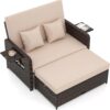 Tangkula Patio Rattan Daybed with 4-Level Adjustable Backrest, Outdoor PE Wicker Loveseat with Storage Ottoman & Folding Side Tray
