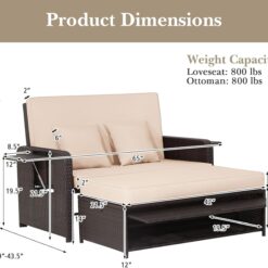 Tangkula Patio Rattan Daybed with 4-Level Adjustable Backrest, Outdoor PE Wicker Loveseat with Storage Ottoman & Folding Side Tray