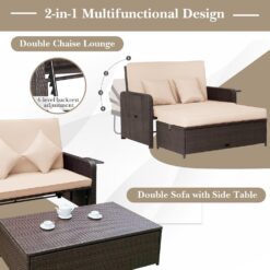 Tangkula Patio Rattan Daybed with 4-Level Adjustable Backrest, Outdoor PE Wicker Loveseat with Storage Ottoman & Folding Side Tray