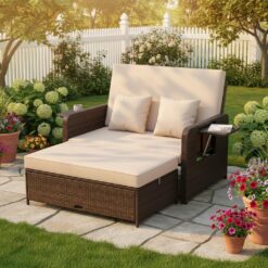 Tangkula Patio Rattan Daybed with 4-Level Adjustable Backrest, Outdoor PE Wicker Loveseat with Storage Ottoman & Folding Side Tray
