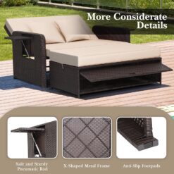Tangkula Patio Rattan Daybed with 4-Level Adjustable Backrest, Outdoor PE Wicker Loveseat with Storage Ottoman & Folding Side Tray