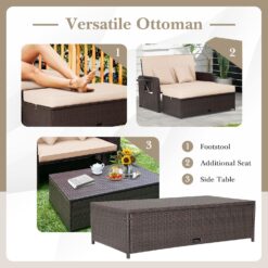Tangkula Patio Rattan Daybed with 4-Level Adjustable Backrest, Outdoor PE Wicker Loveseat with Storage Ottoman & Folding Side Tray